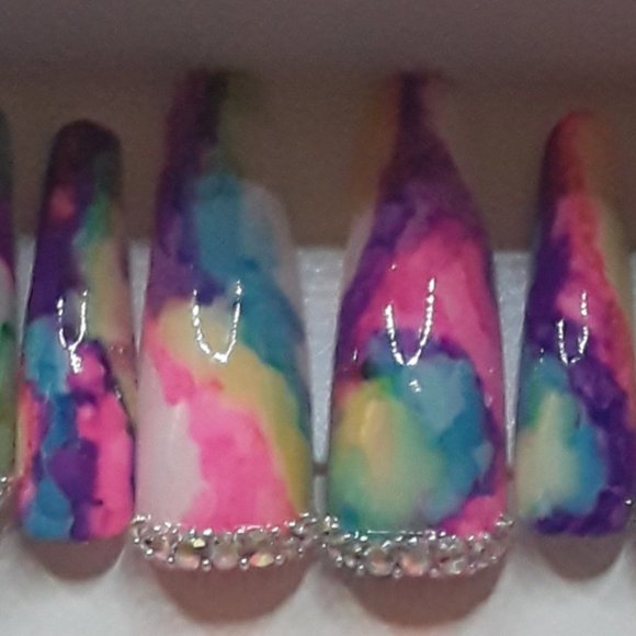Handmade Hard Gel XXL Coffin Tie Dye Press On Nails - Picture 3 of 6
